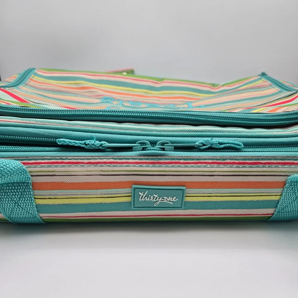 Thirty-One Perfect Party Set Teal Striped Insulated Expandable Picnic Carrier